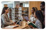People around a library service desk
